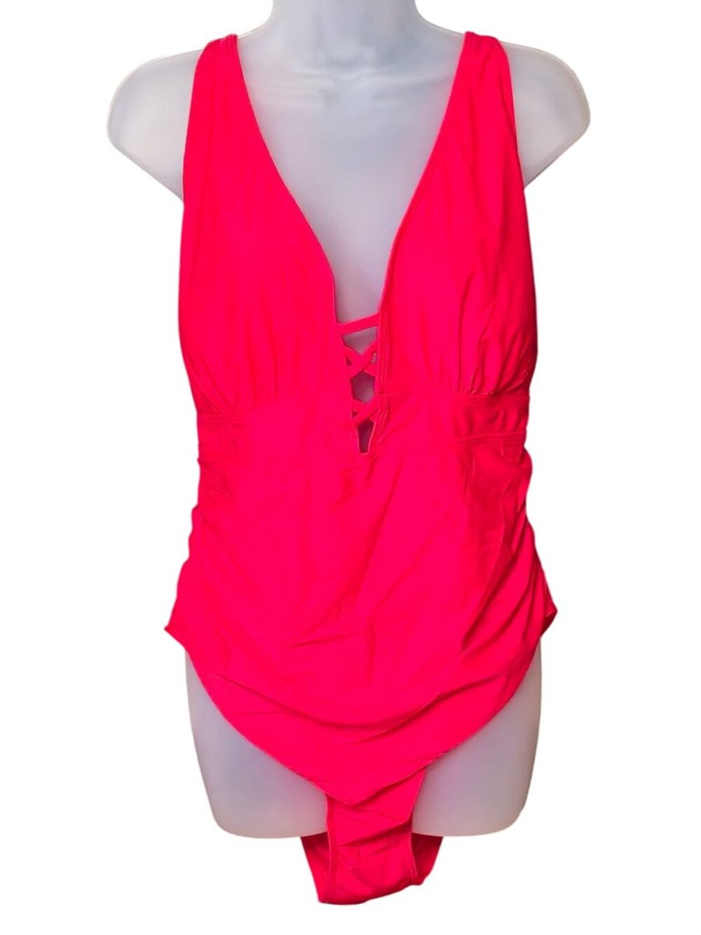 Red Plunge One Piece Swimsuit 20W Crisscross Detail Adjustable Straps Lined